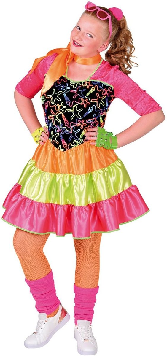 Jaren 80 & 90 Kostuum | Disco Girl Felle Fluor Kleuren | Meisje | Maat 116 | Carnaval kostuum | Verkleedkleding